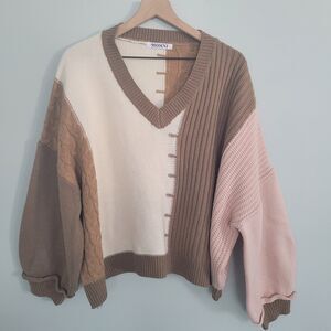 Momni Sweater Womens Large Brown Pink 3/4 Balloon Sleeve